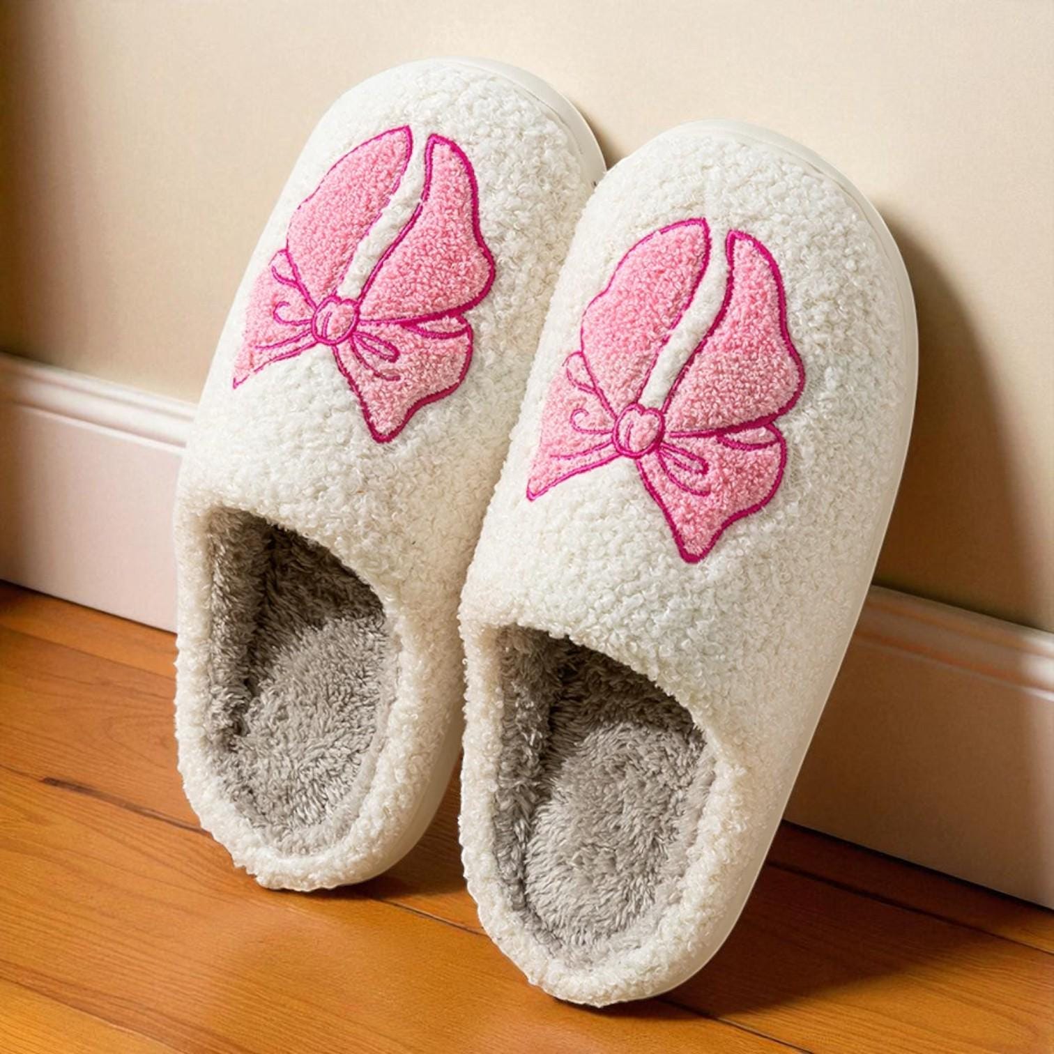 Women's Pretty Bow Plush Fuzzy Slippers - Comfy  Indoor Shoes