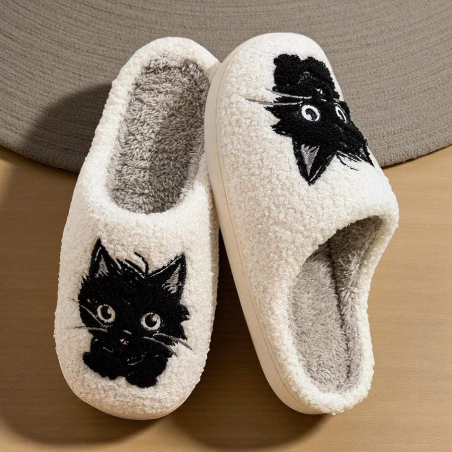 Women's Comfy Black Cat Plush Home Slippers - Warm & Cozy